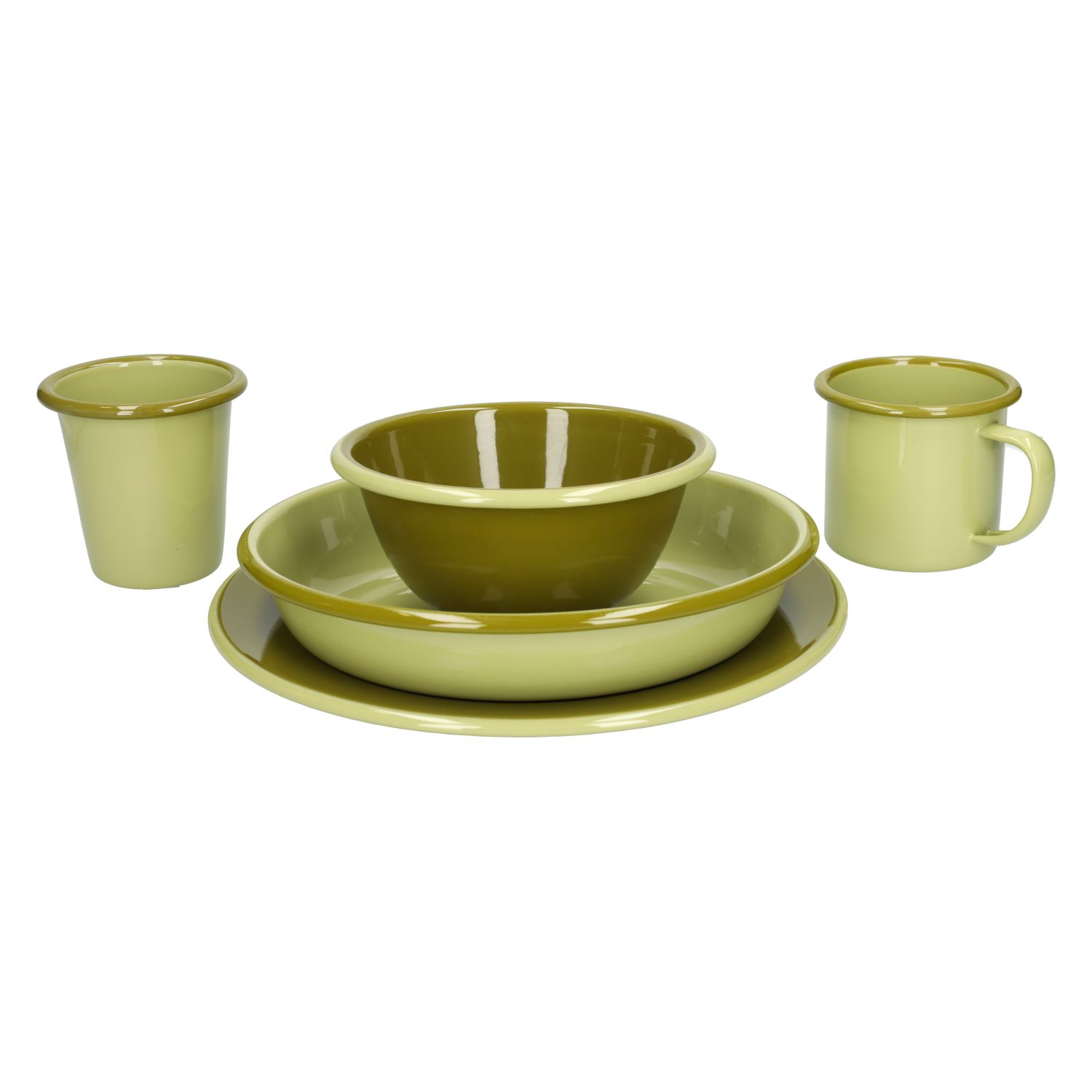 Beker, emaille, lichtgroen met een olijfgroene rand, Ø8 CM