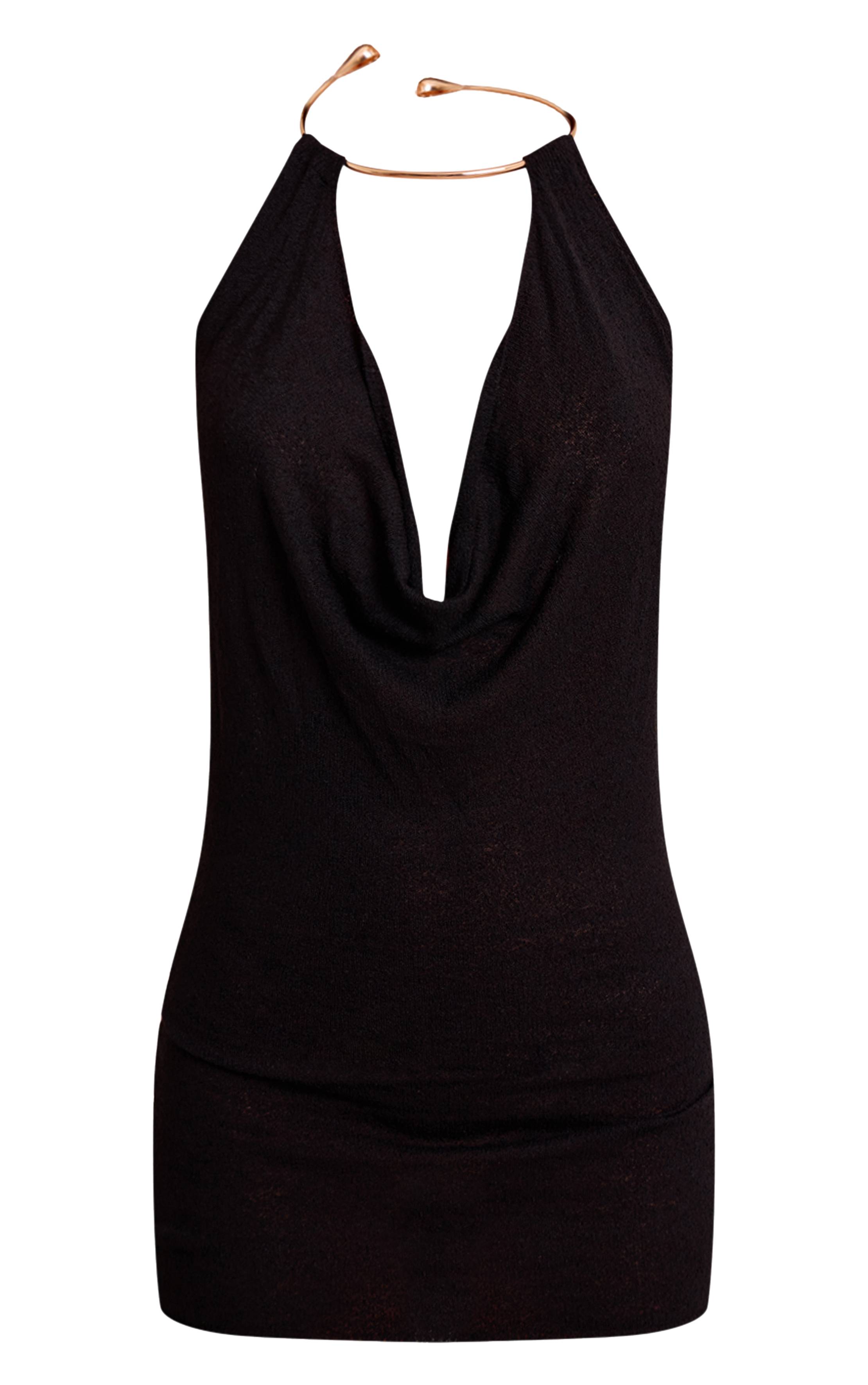 Noir Robe Mini Tricotée Avec Détail De Manchettes Dorées