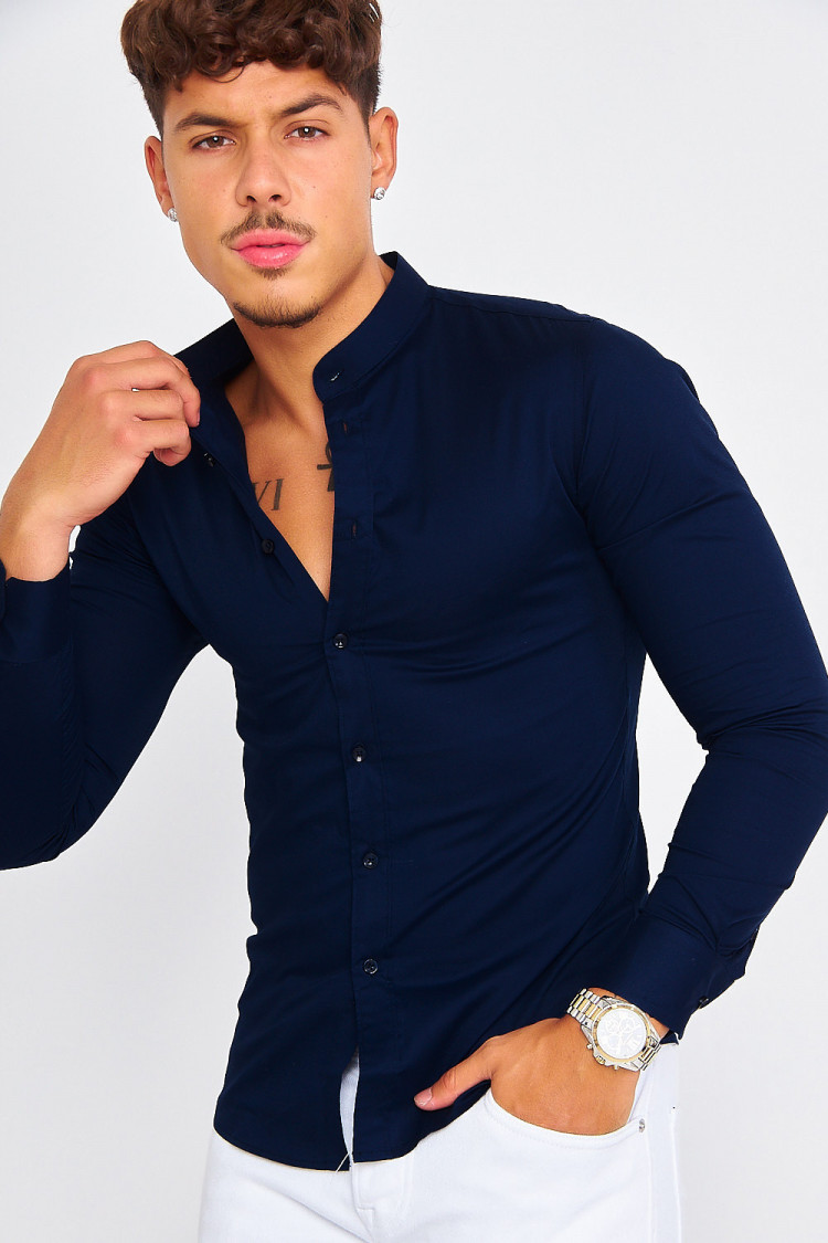 Chemise à col officier bleu marine