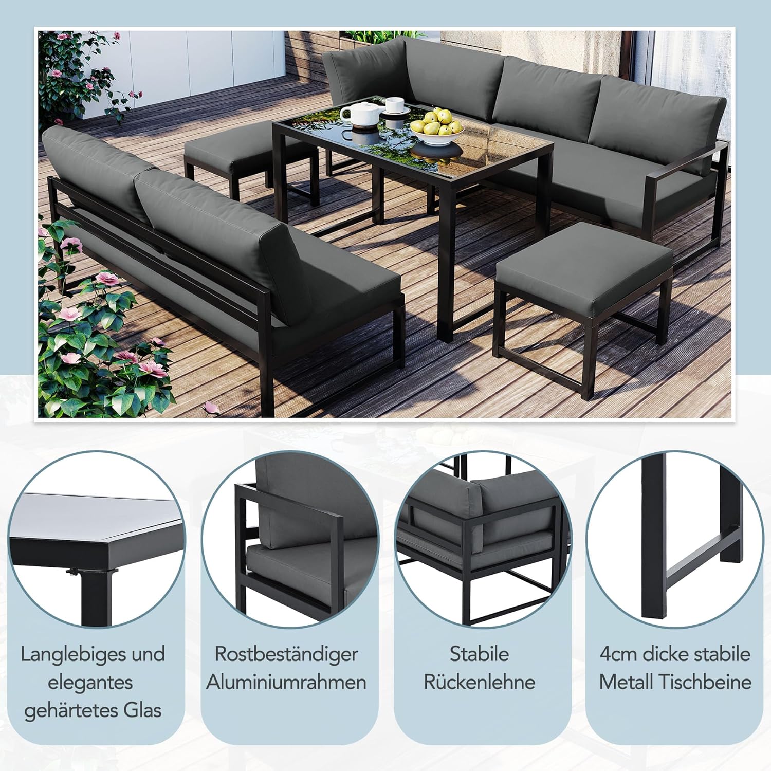 Merax Gartenlounge-Set 7 Sitzplätze, Garten-Freizeittisch- und Stuhlset,Aluminium Sitzgruppe für Garten Balkon, mit Vierter Gang verstellbare Rückenlehne, Tisch mit Sicherheitsglasplatte,Grau