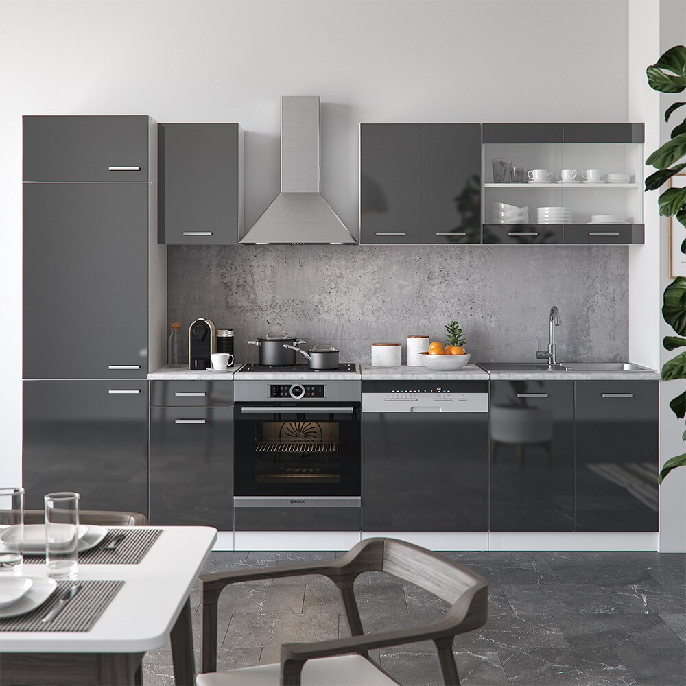 VICCO KÜCHE R-LINE 300CM KÜCHENZEILE KÜCHENBLOCK EINBAUKÜCHE ANTHRAZIT HOCHGLANZ