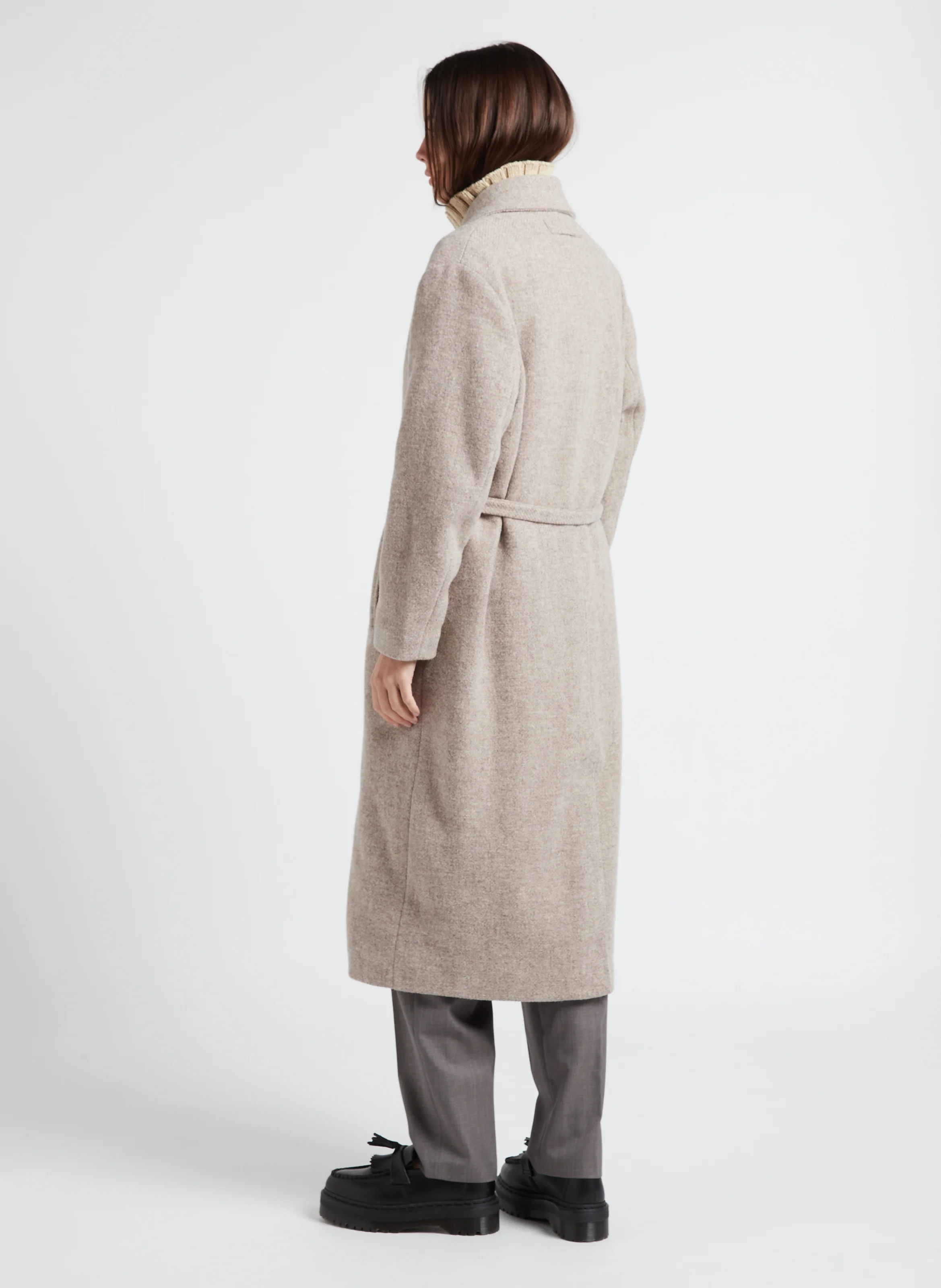 ARTHUS - Manteau col tailleur ceinturé en laine| Beige