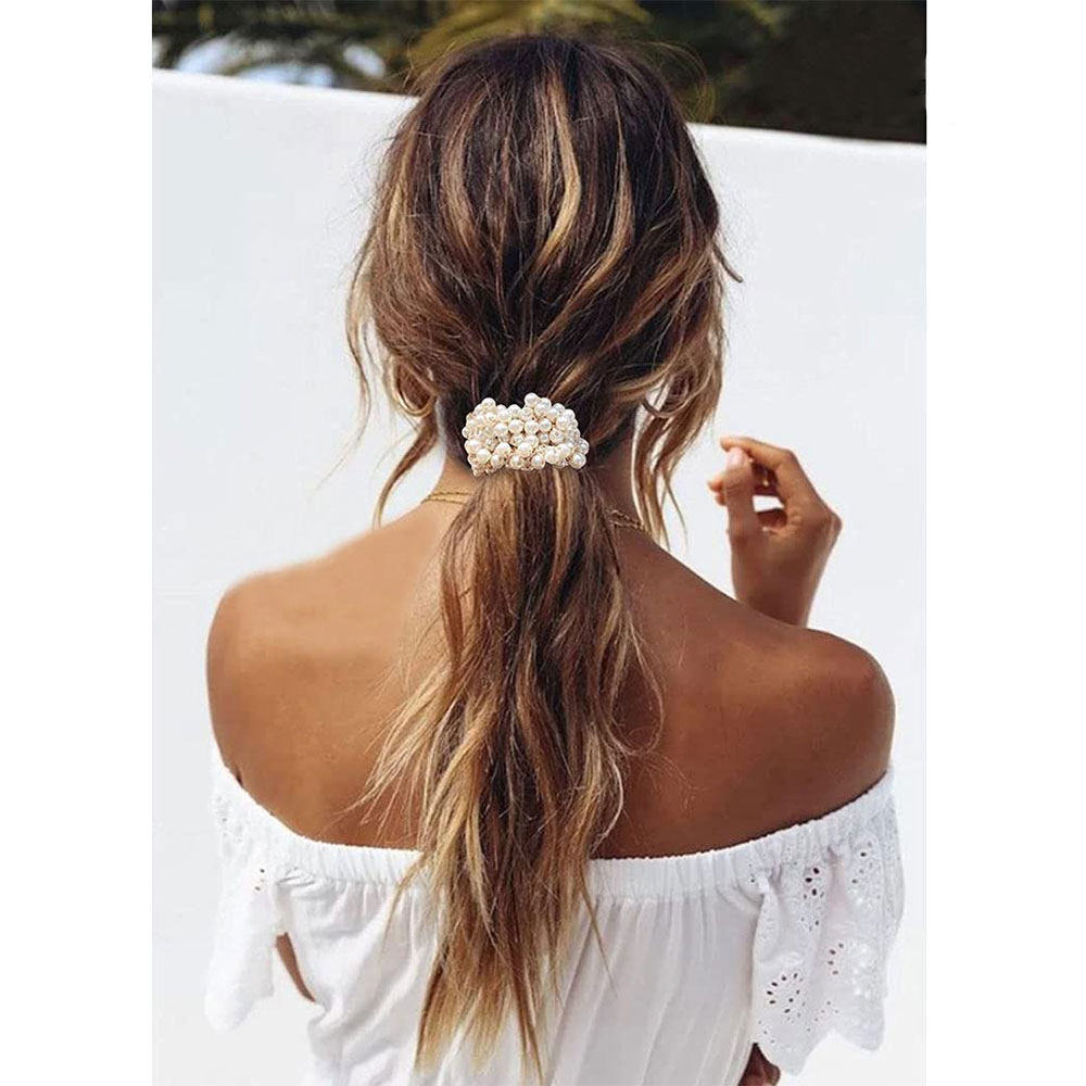 (Ø5cm) Scrunchies Elastischer Haargummi Haarschmuck Haarband Perlen - Weiss / Gold