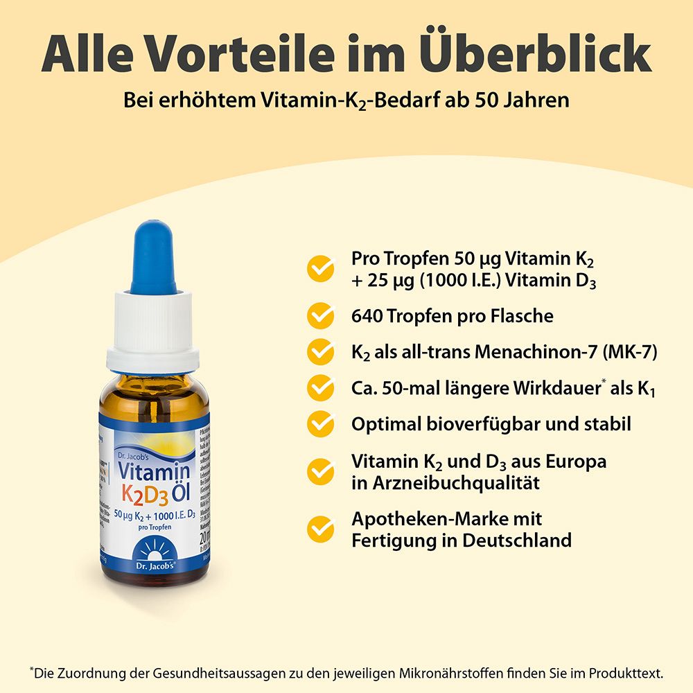 Dr. Jacob's Vitamin K2D3 Öl 1000 IE/50 mcg D3+K2 640 Tropfen vegetarisch