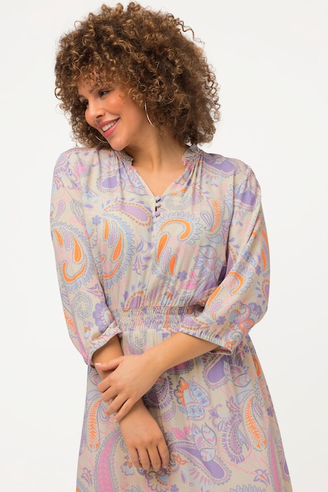 Kleid, Paisley, A-Linie, Stehkragen, 3/4-Arm