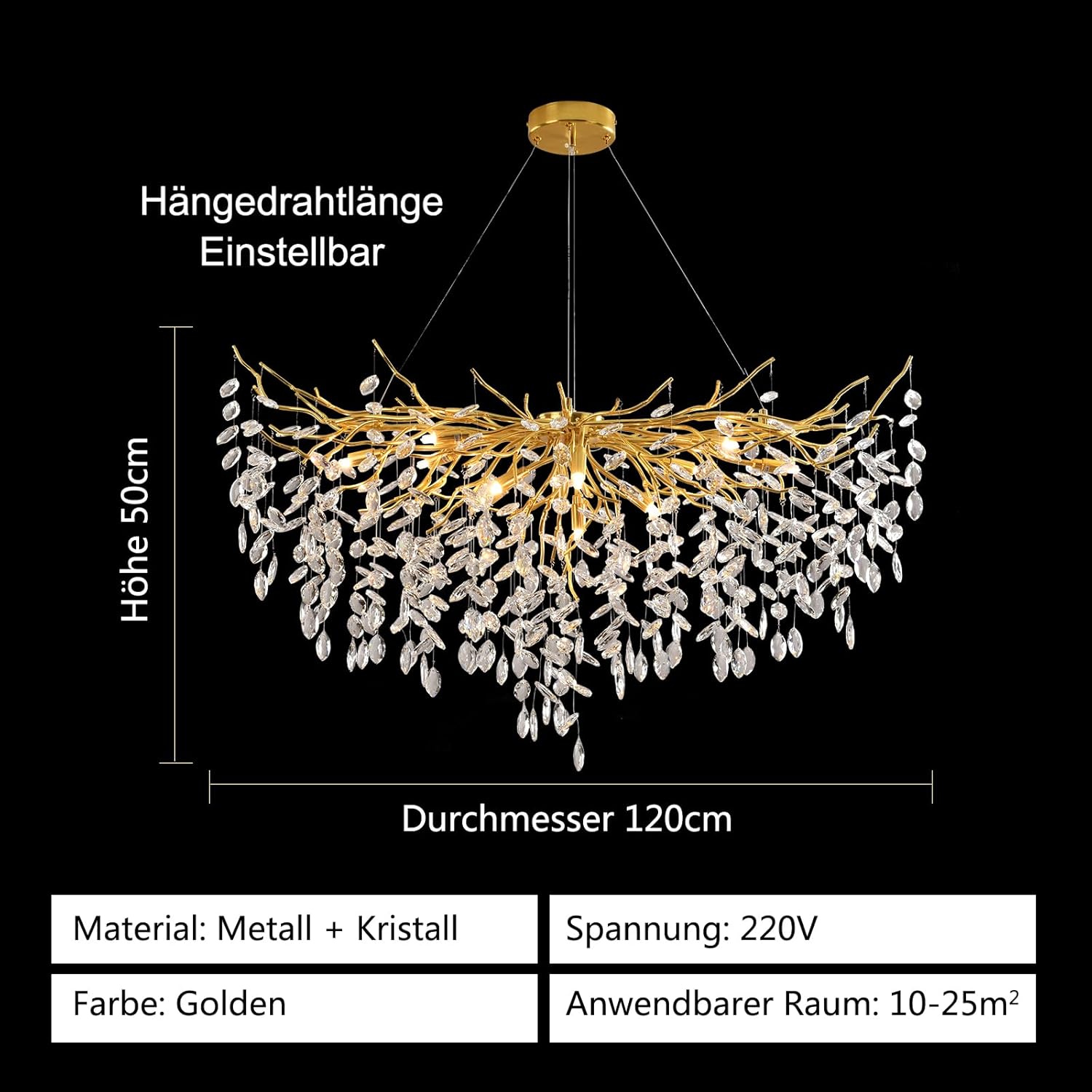 Modern Kronleuchter Kristall Golden, Große Luxus Raindrop Pendelleuchte, Rund Kristall Hängeleuchte Light Fixture, Luxury Tree Branch Kronleuchter für Kücheninsel, Esszimmer, 120cm