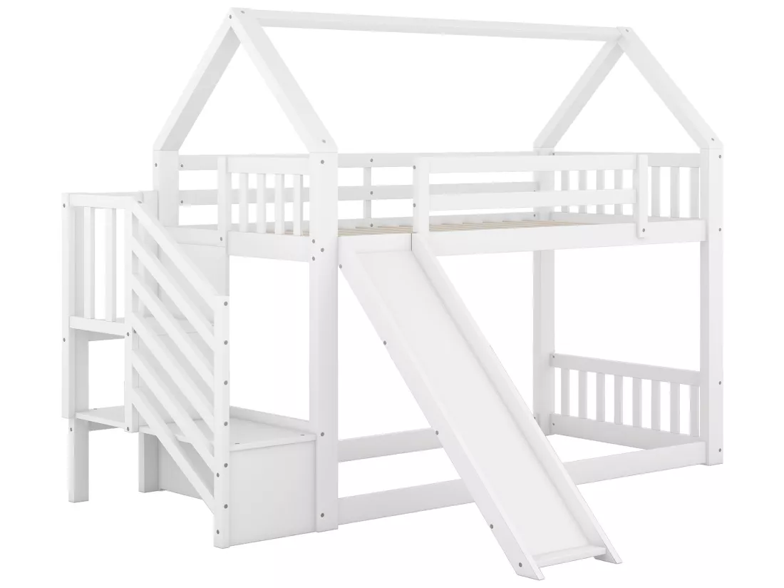 Lit superposé - 2 x 90 x 200 cm - 2 tiroirs et toboggan - pin et MDF - blanc
