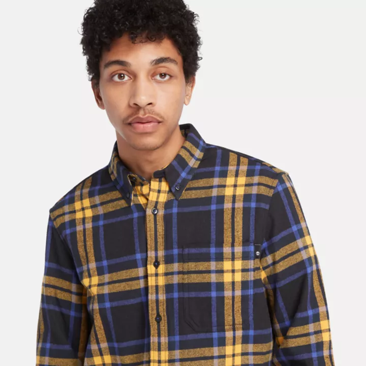 Camisa de flanela xadrez masculina em preto/azul/amarelo