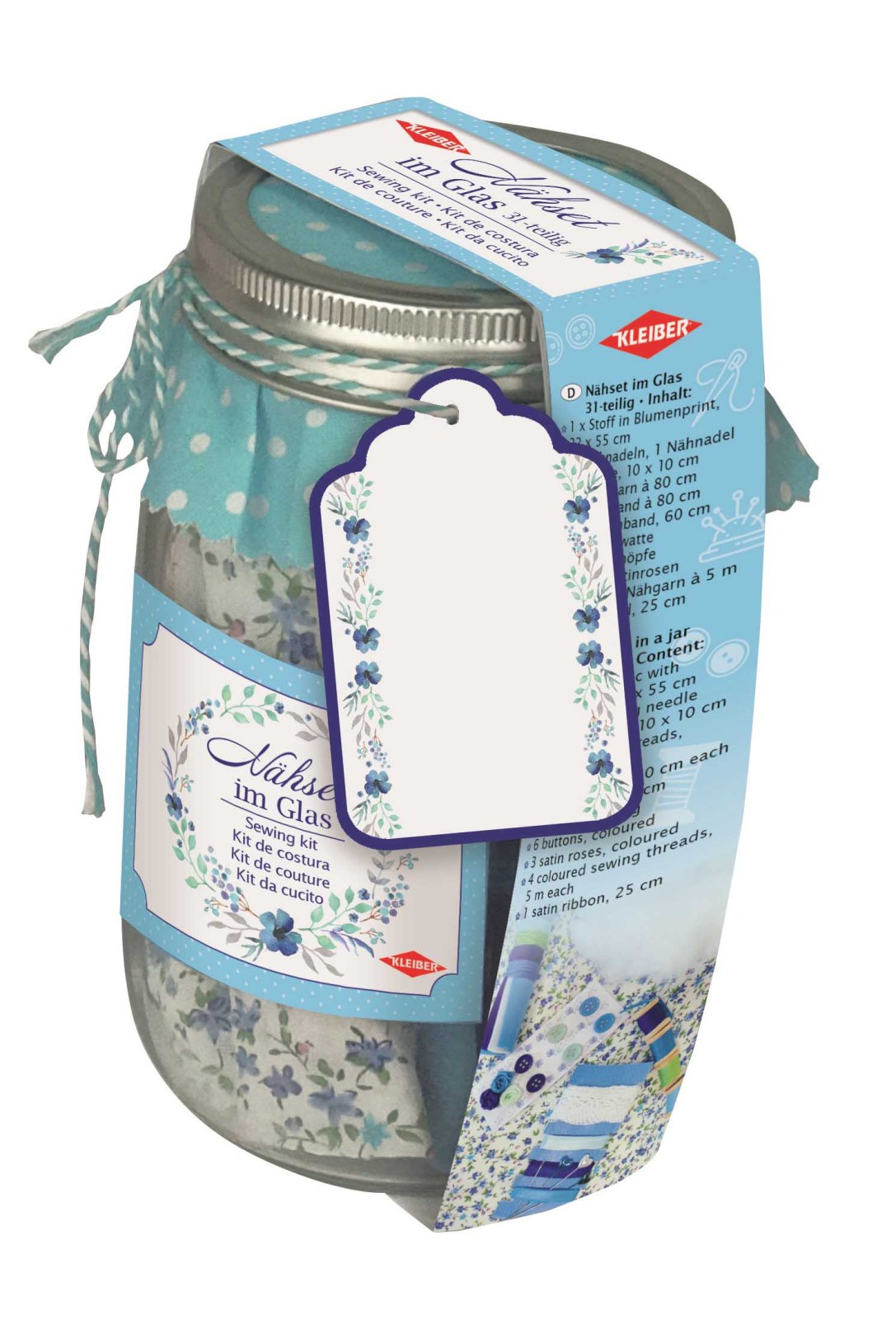 31-teiliges Nähset KLIEBER - blau - im Glas