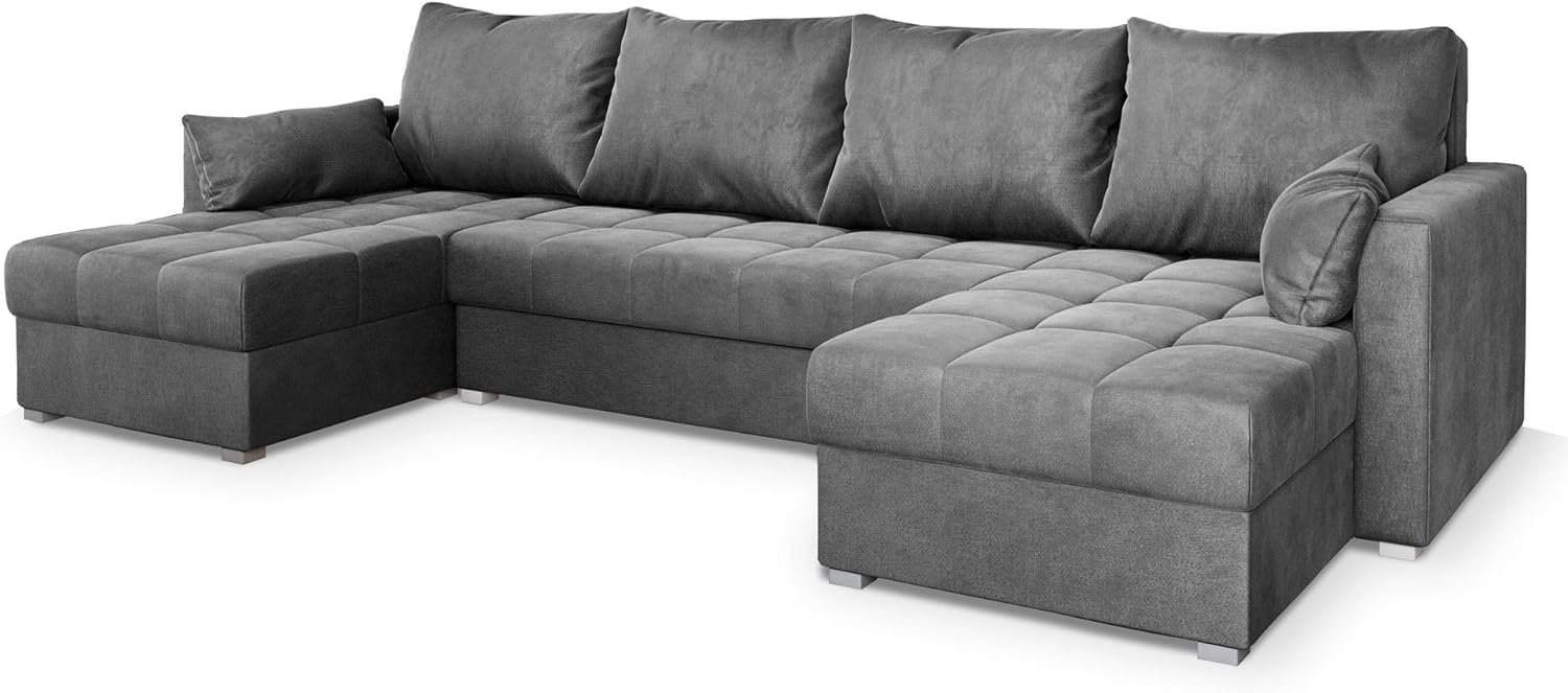 Masseno Ecksofa NAKO M mit Schlaffunktion U-Form, Sofa mit Bettkasten, Wohnzimmersofa, Couch, Soffa, Bettsofa, Couchgarnitur- Grau, Monolith 85