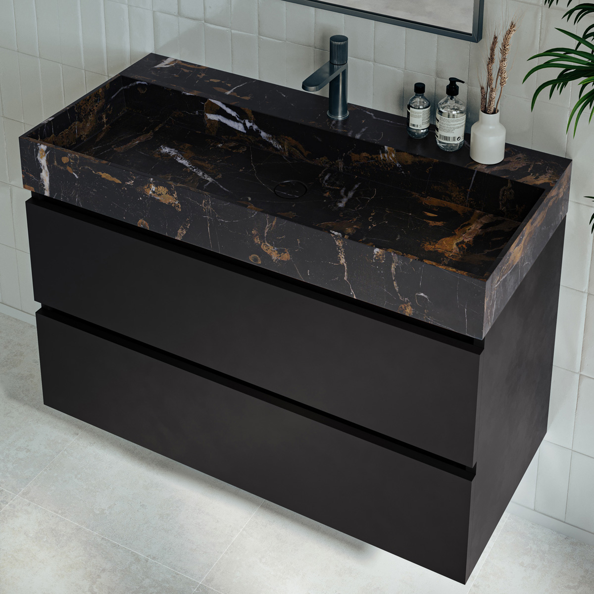 Fontana Portoro Gold badkamermeubel mat zwart 100cm met kraangat