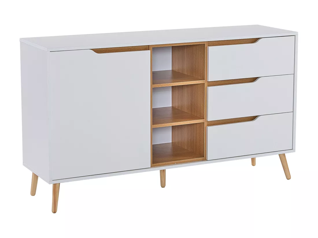 Buffet moderne avec étagères, 3 tiroirs et rangements ouverts - 140 x 40 x 80,5 cm - Blanc & Naturel