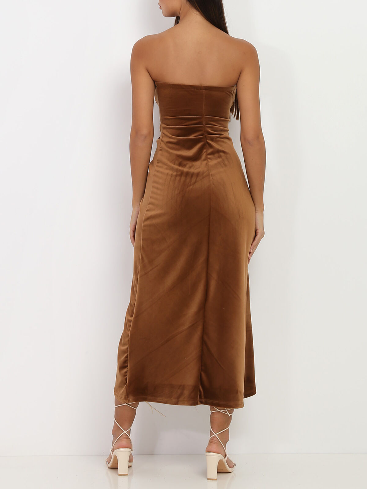 Robe bustier en velours drapé- Camel