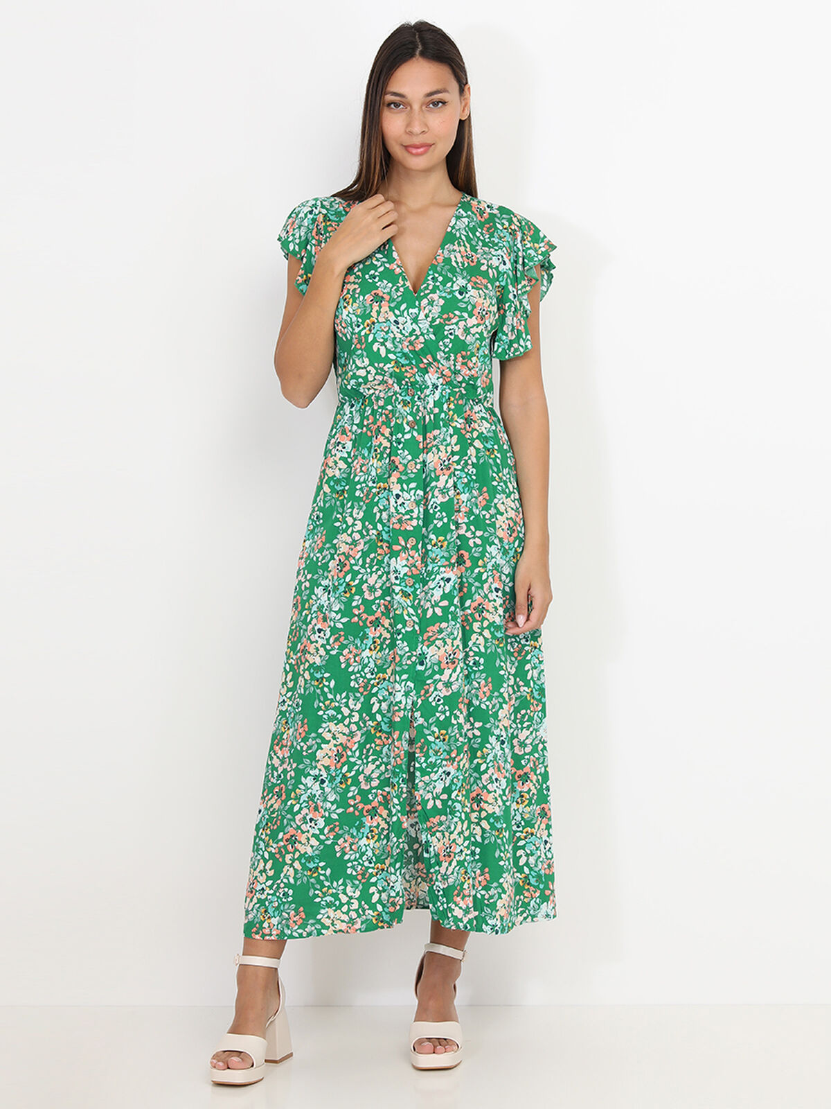 Robe longue fendue à imprimé floral- Vert