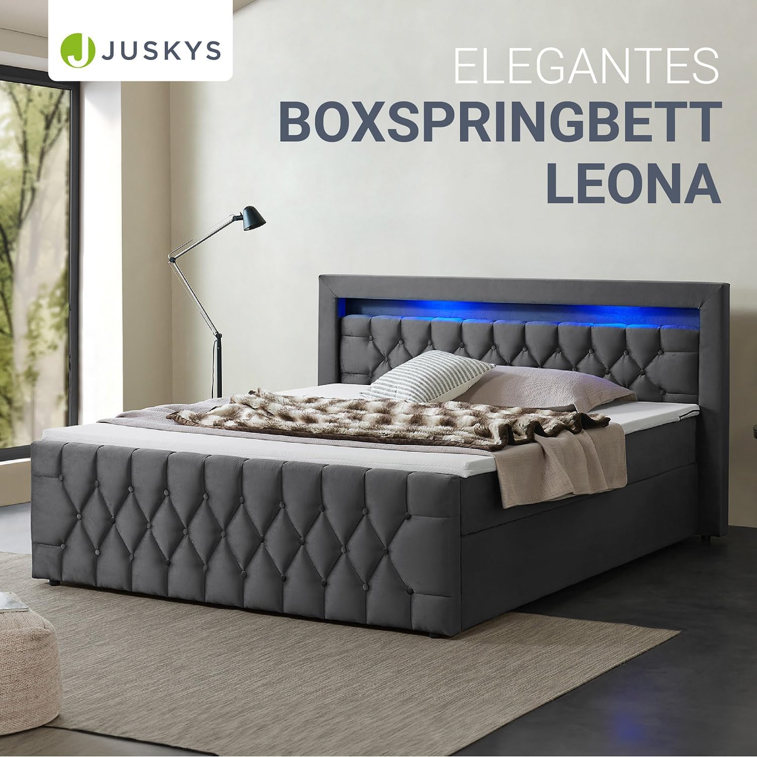 Juskys Boxspringbett Leona 140x200 cm - Bett mit LED Beleuchtung, Topper & H4 Federkern Matratzen - Einzelbett Grau mit Samt und Steppung