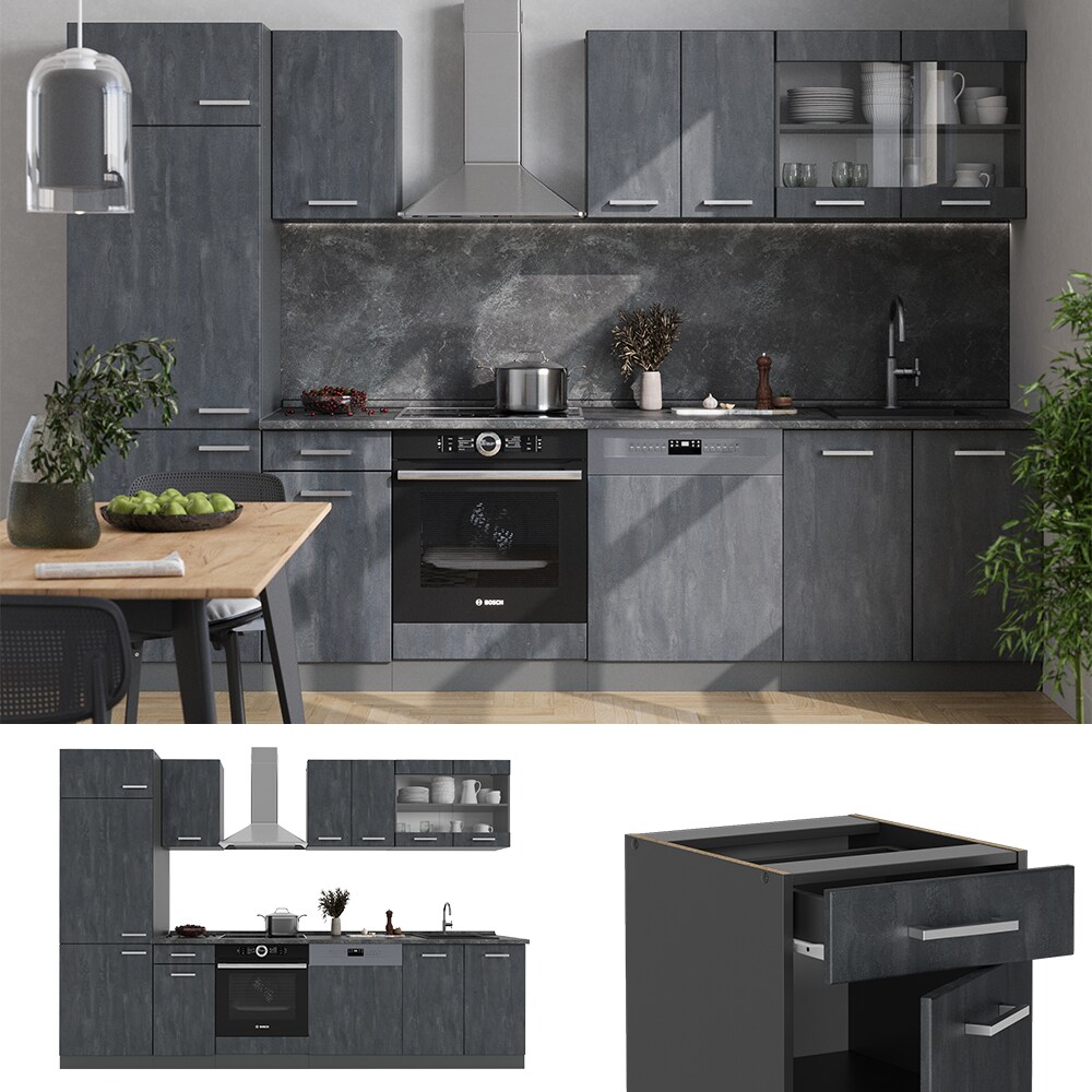 Vicco Küchenzeile R-Line 300 cm Schwarz Beton Anthrazit mit Arbeitsplatte Eiche