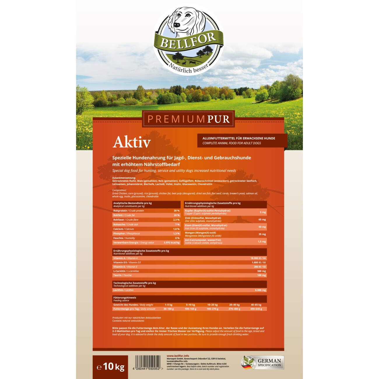 Bellfor Glutenfrei Hundefutter für sportliche Hunde - PREMIUM PUR Aktiv