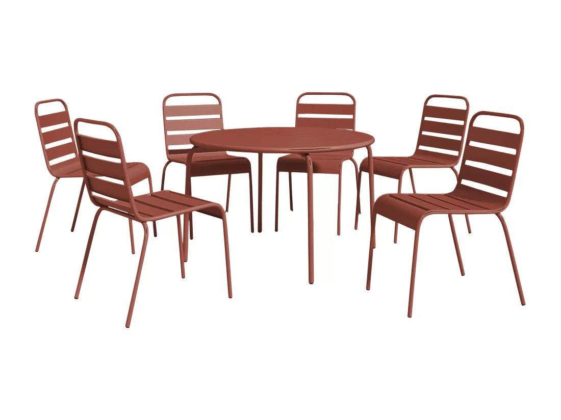Salle à manger de jardin en métal - une table ronde D.130cm et 6 chaises empilables - Terracotta - MIRMANDE de MYLIA
