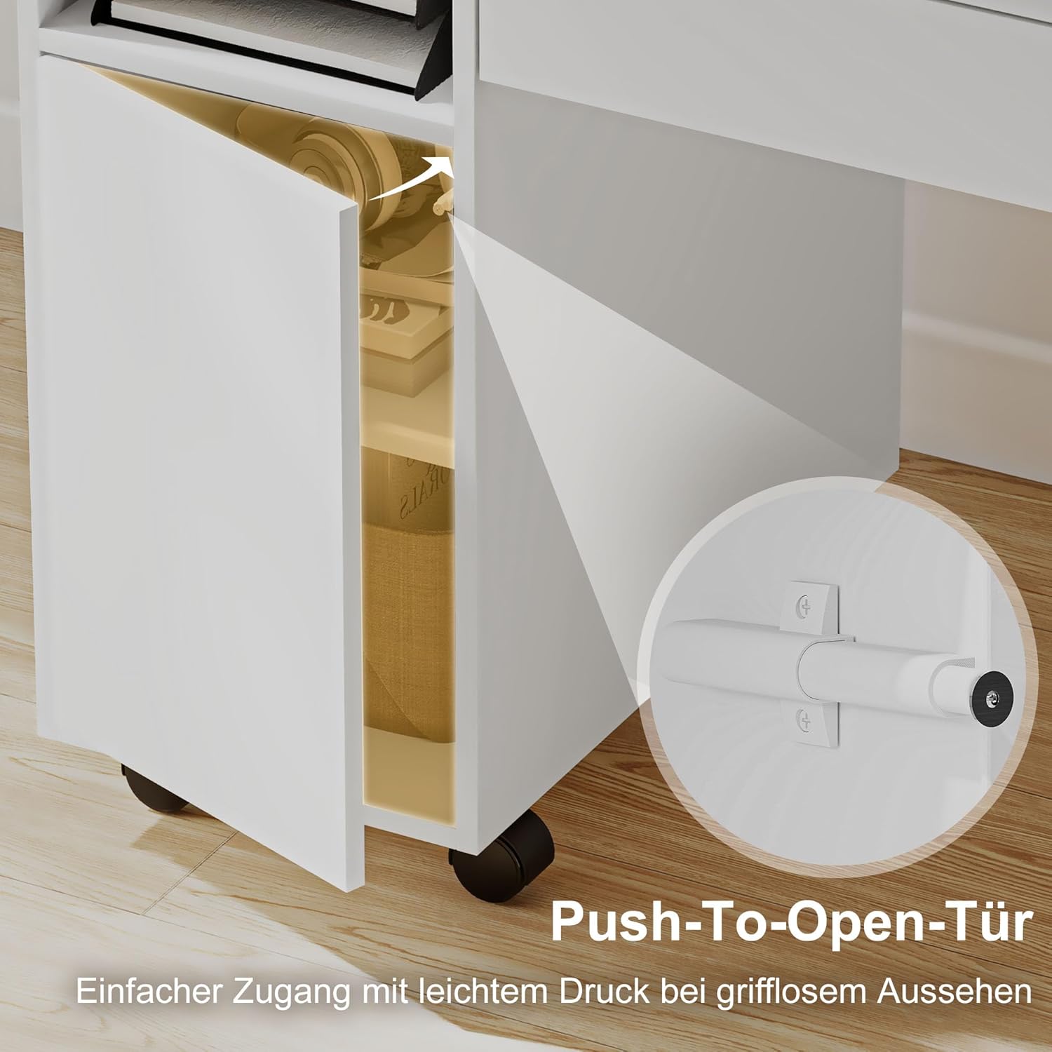HOMCOM Schreibtisch mit Rollen, Bürotisch mit Schublade, Klappplatte und Schrank 140 x 53 x 75 cm Moderner Computertisch mit offenem Fach, Vertsellbar Regal für Büro, Wohnzimmer Weiß