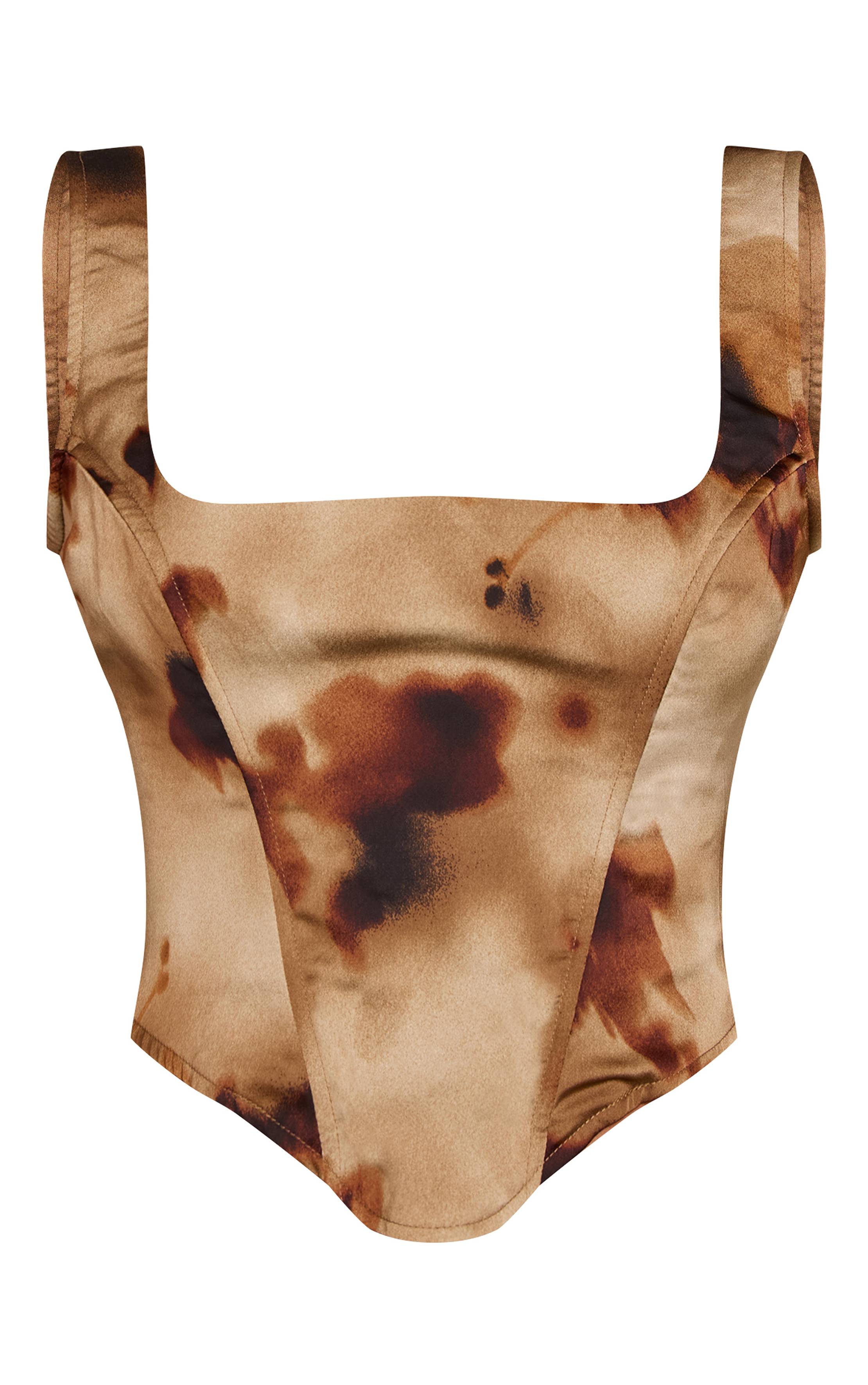 Marron Corset En Satin À Imprimé Abstrait Floral