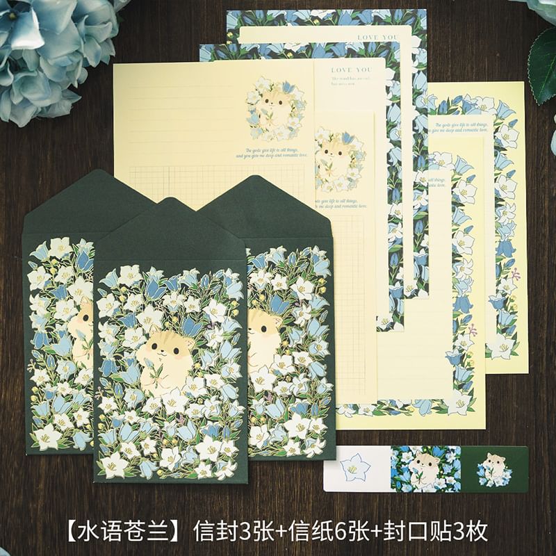 Schattige essentials - Set: Bloemenenvelop + Briefpapier (Diverse designs)