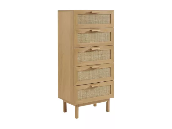 June - Commode 5 tiroirs en bois et cannage L60cm - Bois clair