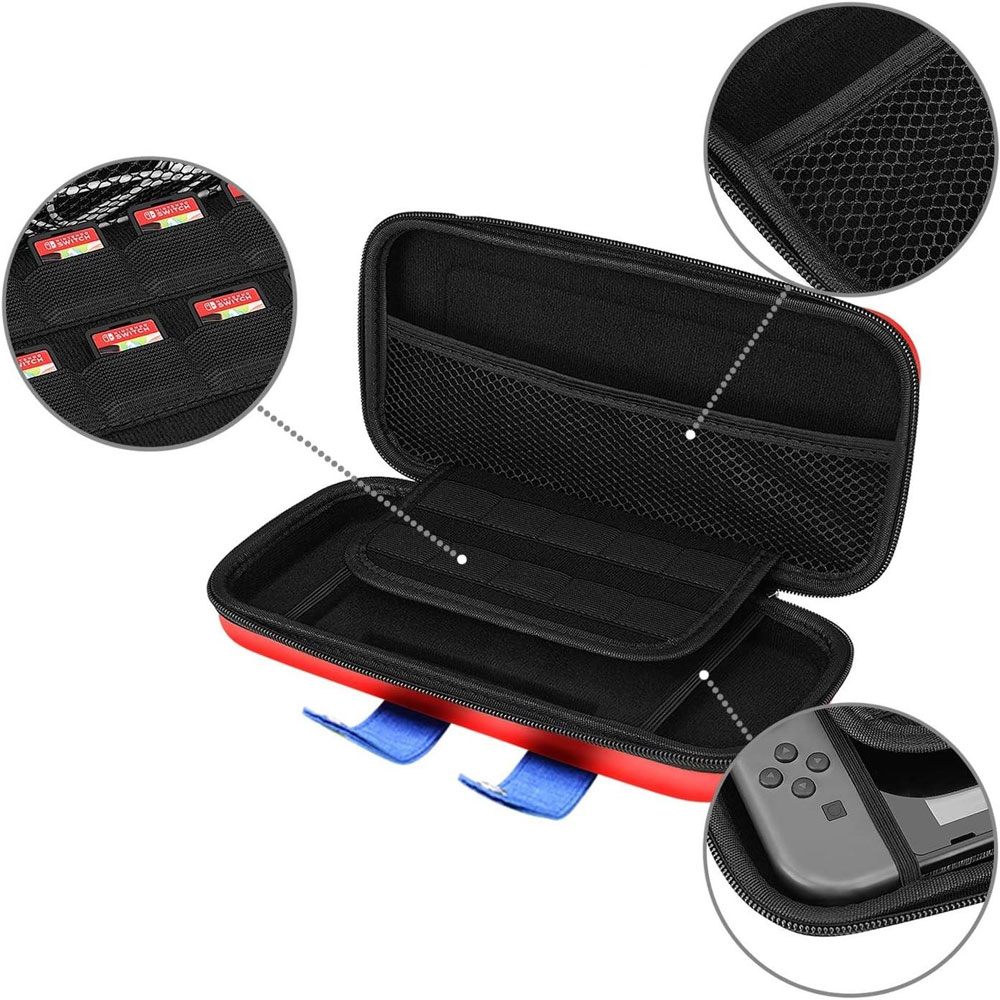 Nintendo Switch Reise Box Schutztasche Hartschale im Latzhosen Design - Rot / Blau