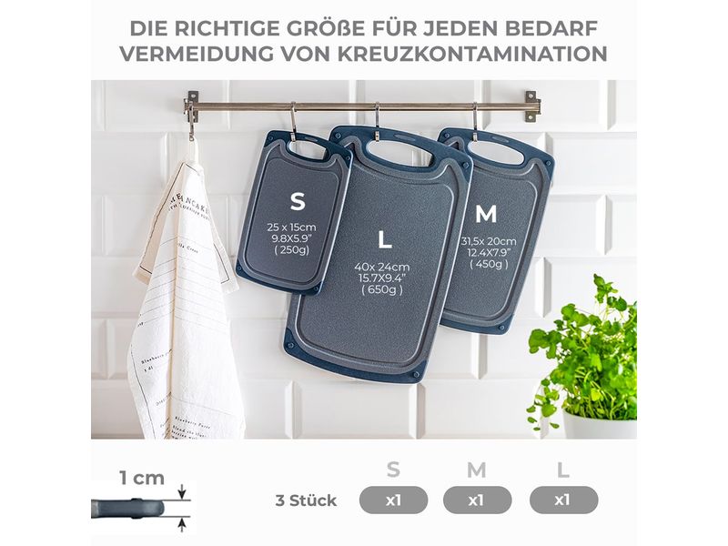 GOURMETmaxx Schneidebrett 24 cm  x 40 cm 3er-Set Schneidebretter mit Saftrille, spülmaschinenfest