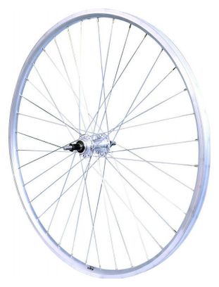ROUE 28  VTC ARRIERE JANTE ALU DOUBLE PAROI ARGENT FREIN PATIN MOYEU ALU ECROUS ROUE LIBRE .