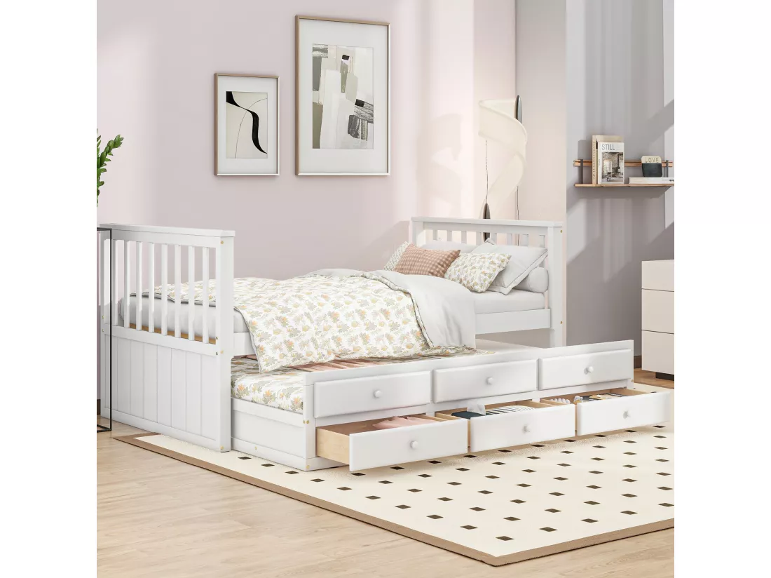 Lit gigogne 90 x 200 cm + 90 x 190 cm avec 3 tiroirs - Bois massif + MDF - Sommier à lattes - Blanc (sans matelas)