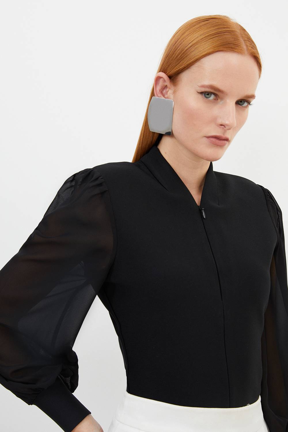 KarenMillen Haut en Maille Bandage Ajusté avec Détail Zip et Manches en Mousseline