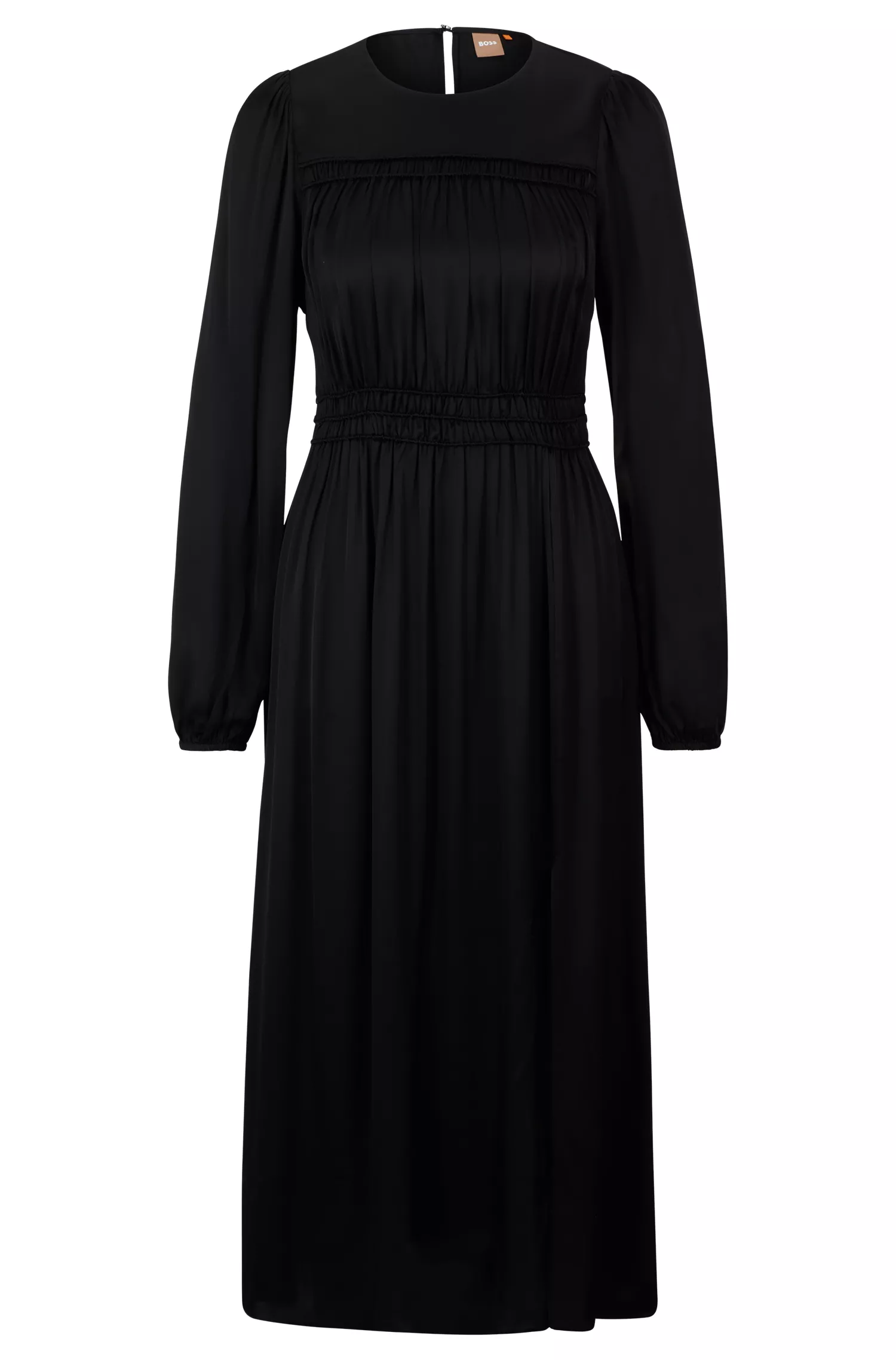 Vestido midi laranja da BOSS com detalhes franzidos.