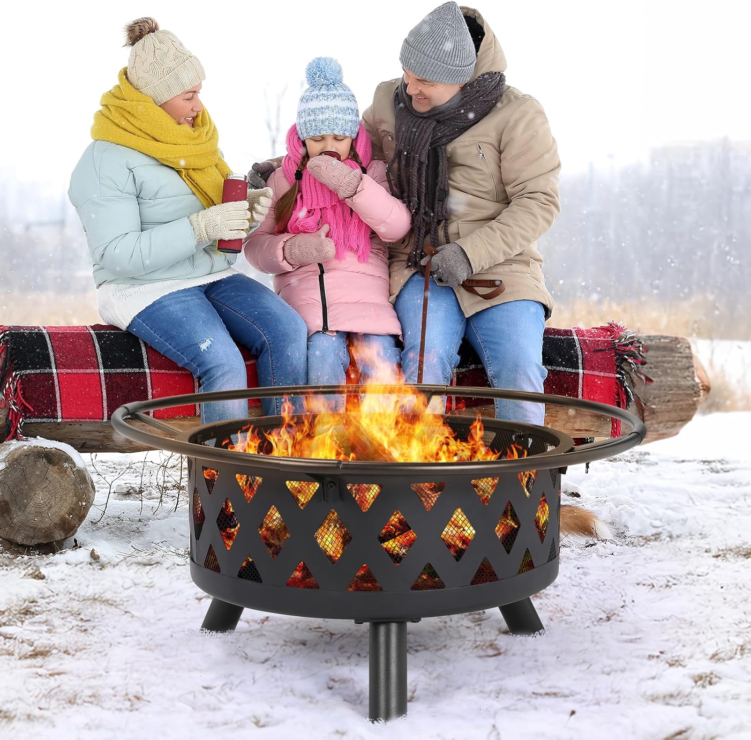 TLSUNNY Feuerschale mit Drehbarem Grillrost, Feuerschale Groß, Feuerschalen für den Garten mit Funkenschutz, Ø 76 cm Feuerkorb mit Schürhaken, BBQ Feuerstelle Outdoor, Multifunktional Fire Pit