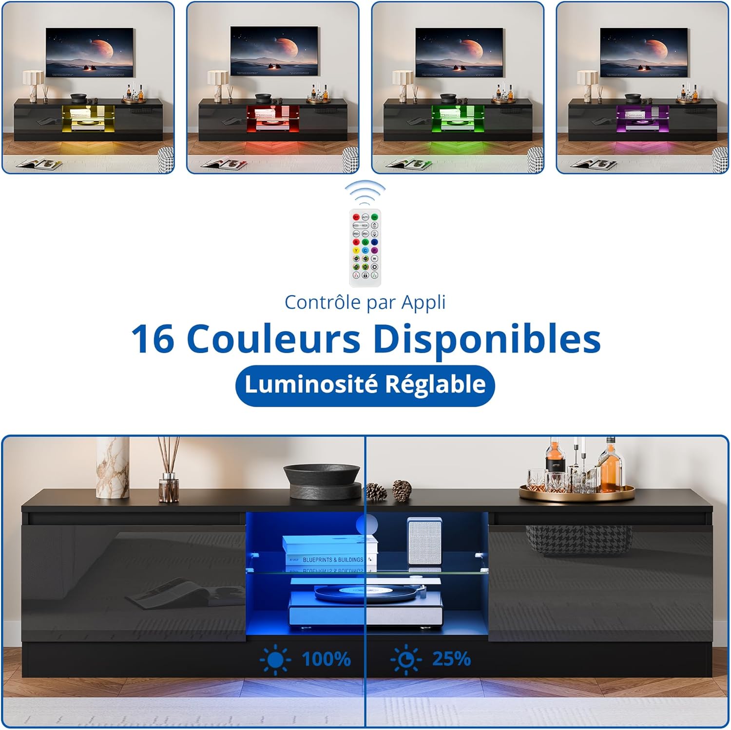 TV Schrank mit 16 Farben LED Beleuchtung und 2 Türen, 160 cm Lang, TV Board, Lowboard Stehend für Fernseher bis zu 70 Zoll, Fernsehtisch für Schlafzimmer, Wohnzimmer, Esszimmer, Schwarz (Schwarz)