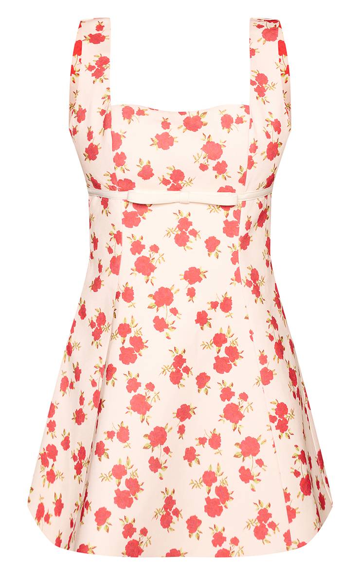 Cream Floral Robe Droite Premium En Tissu Tissé Avec Détail Ceinture