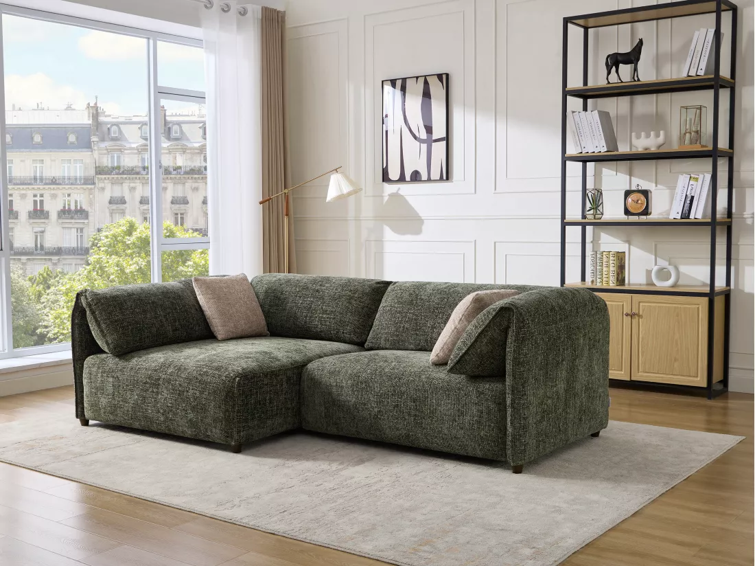 Canapé angle gauche en tissu texturé vert LOUSOPA de Maison Céphy