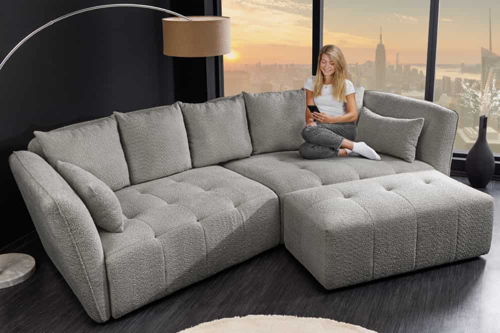 Modernes Big Sofa ROYAL 295cm grau Bouclé Federkern XXL-Couch inkl. Kissen