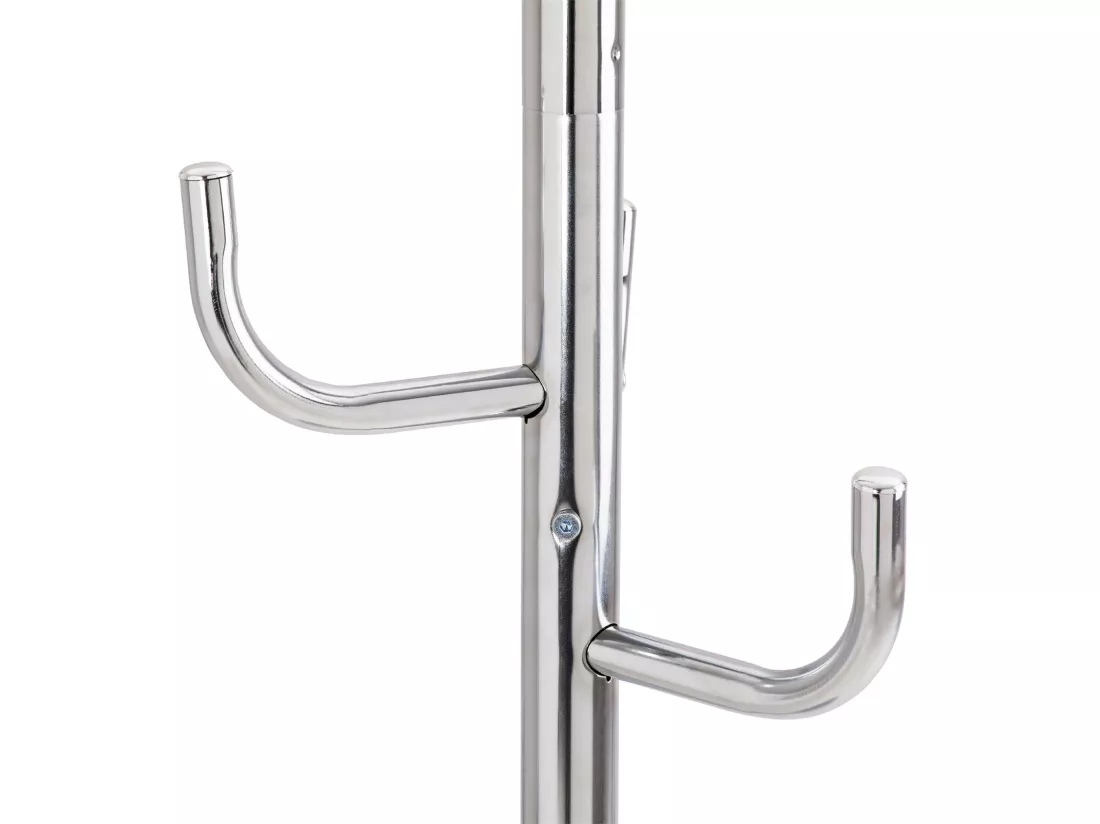 Porte-manteaux MILA portant pour vêtements sur pied socle rond et 8 crochets dont 3 à mi-hauteur, meuble d'entrée en métal chromé