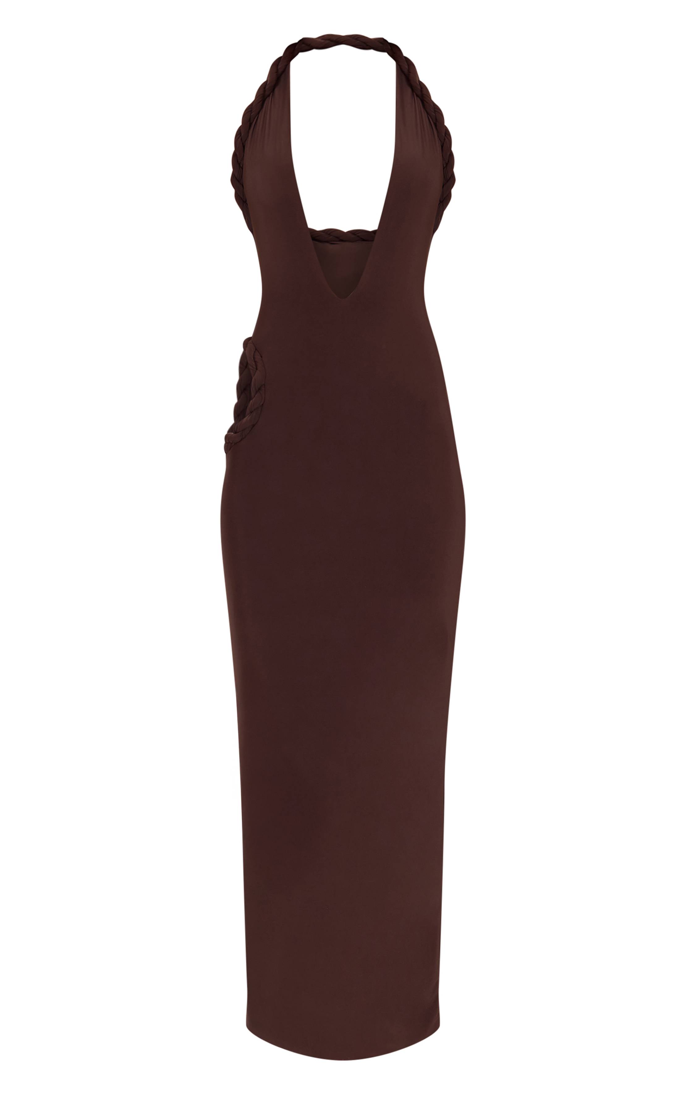 Chocolate Brown Robe Maxi Dos Nu Col Licou Tressé Décolleté Plongeant Découpes Latérales Tissu Slinky