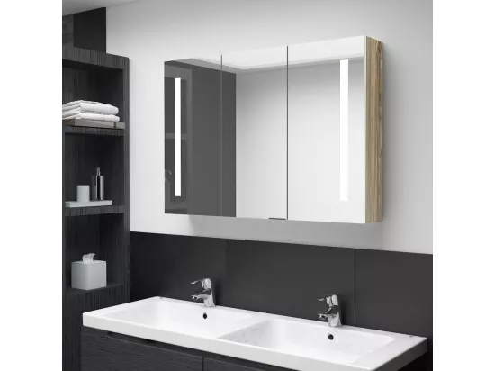 Armoire de salle de bain à miroir LED 89x14x62cm blanc et chêne