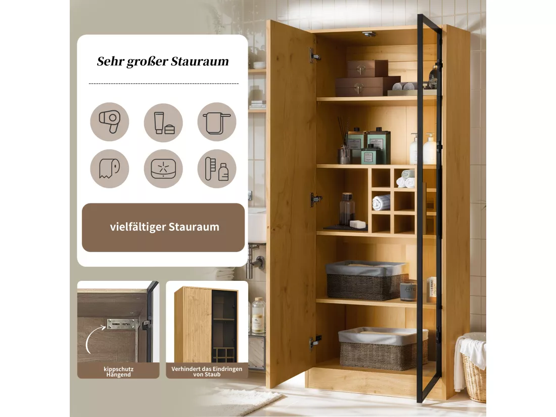 Vitrine, Meuble de salle de bain avec 2 portes vitrées - 60 x 35 x 160 cm - Bois MDF - LEDs - Naturel