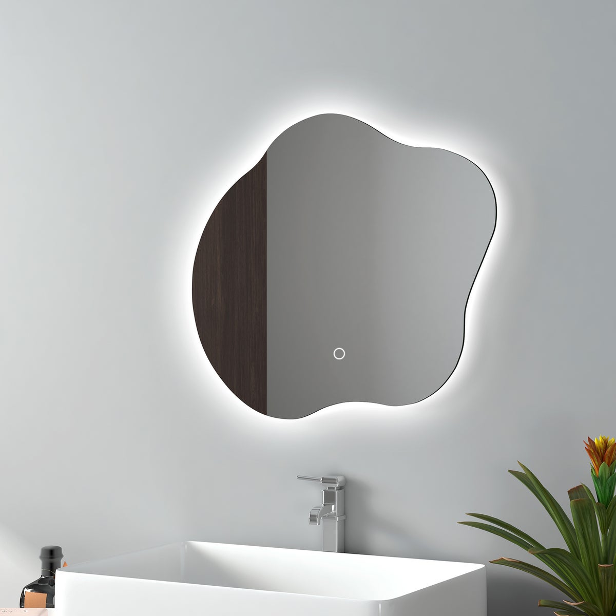 EMKE LED-badkamerspiegel, frameloze spiegel met verlichting, asymmetrische LED-badkamerspiegel met anti-condens, 50 x 45 cm, koel wit/neutraal/warm wit licht
