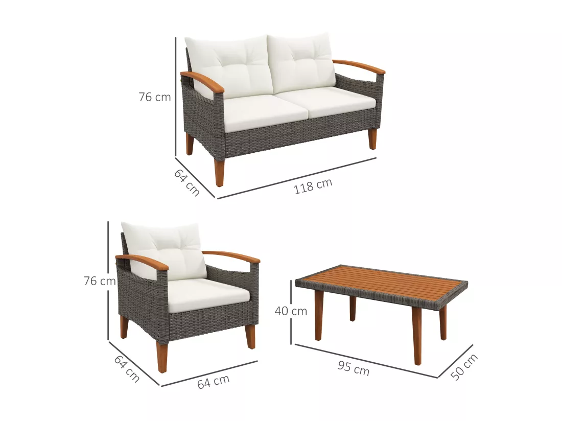 Ensemble salon de jardin 4 places 4 pcs style exotique coussins inclus résine bois acacia