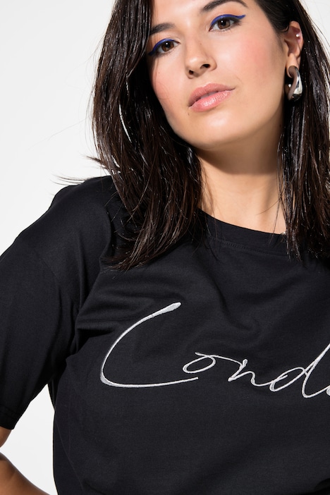 T-Shirt, oversized, gesticktes Glitzer-Statement