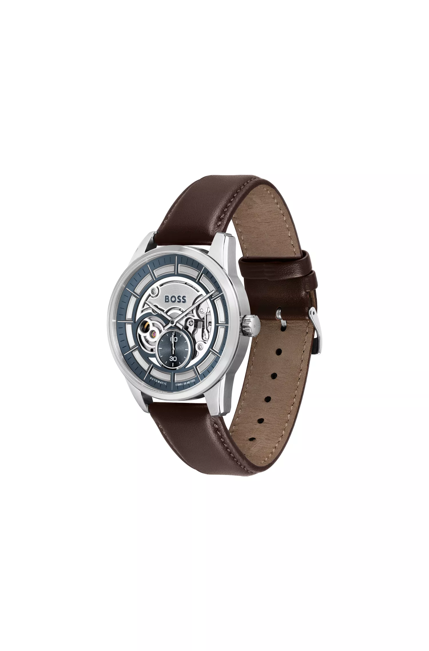 Relógio automático BOSS com mostrador laranja esqueletizado e pulseira de couro marrom.