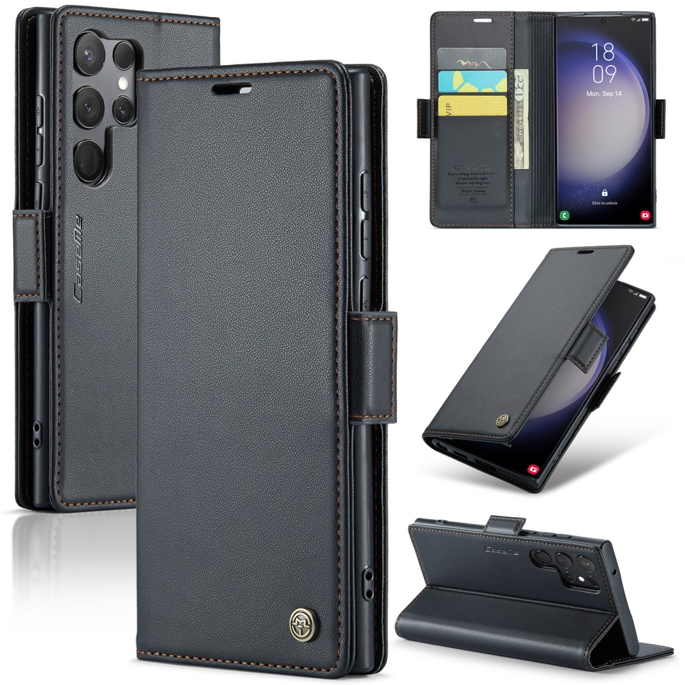 Samsung Galaxy S23 Ultra 5G Leder Tasche Flip Wallet Etui mit Kartenfächern Litchi Look (RFID Schutz) - Schwarz