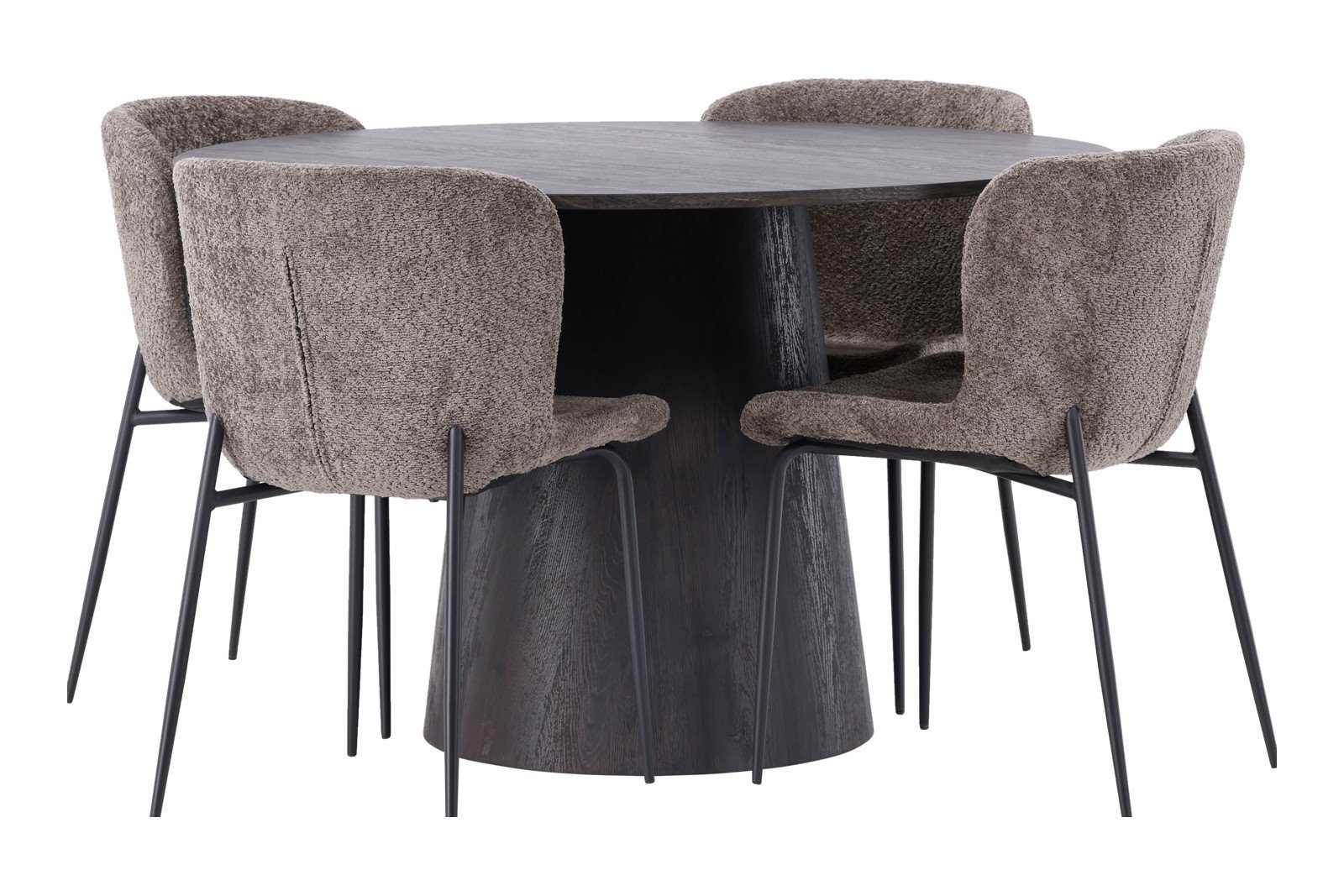 Lanzo og Modesto Spisegruppe Lanzo rundt spisebord ø120cm i mocca med 4 stk. Modesto spisestoler i Mørk Grå bouclé og sorte ben.