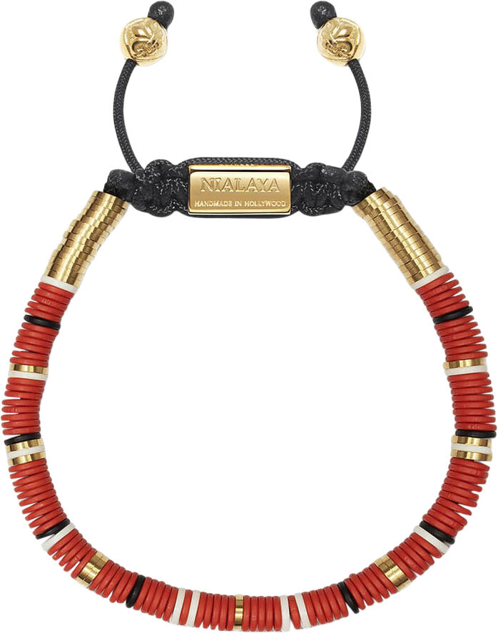 Nialaya Men's Beaded Bracelet with Red, White and Gold Plated Disc Beads Black