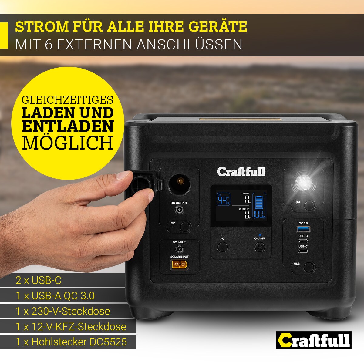 Craftfull Powerstation Fast Charge PS500, 500 Watt, tragbar, Lithium-Akku, USB, 12 V, 230 V, MPPT
