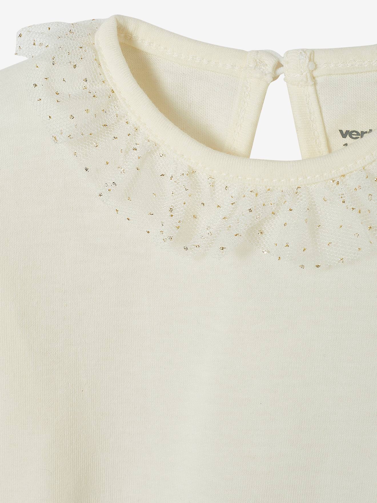 Conjunto de camiseta de gola bege para bebê e saia de tule